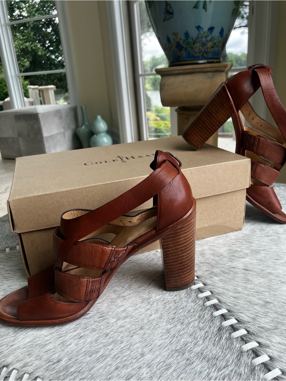 Cole Haan Chestnut Brown Leather Strappy Block Heel Sandals